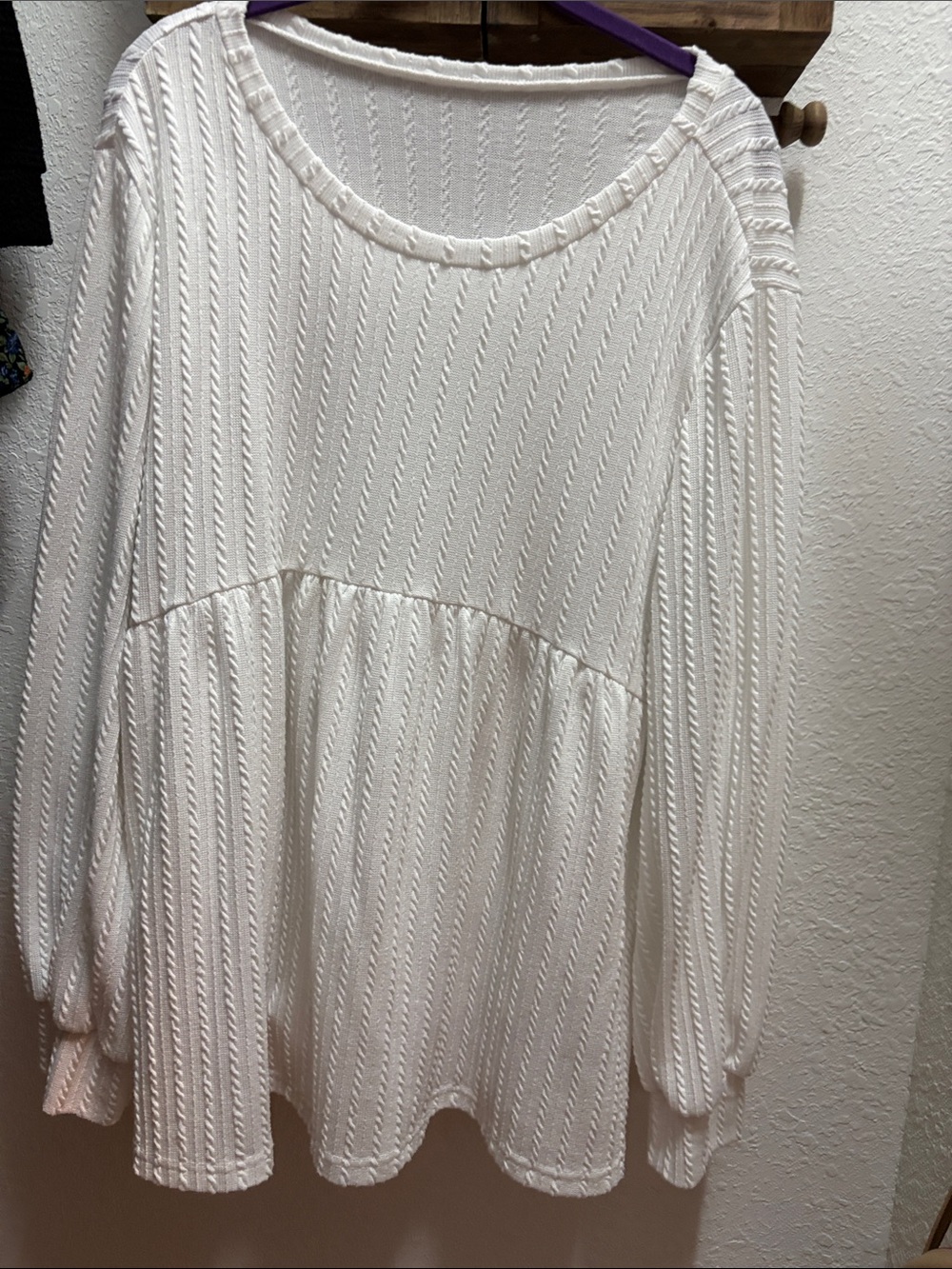 SHEIN Cream Textured Knit Babydoll Long Sleeve Top